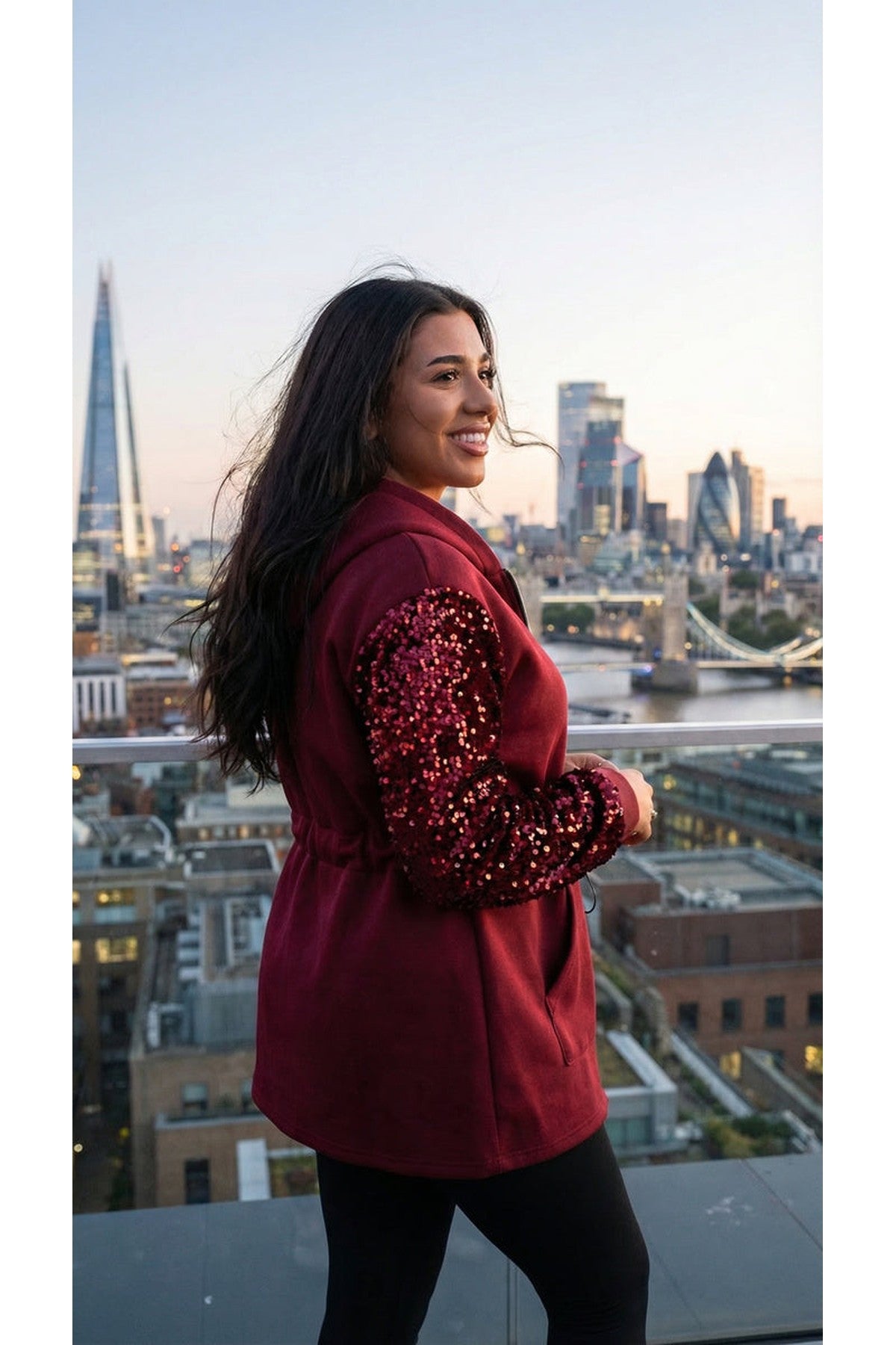 Evalora Zip Up Hoodie With Sequin Sleeve Detail - Wine