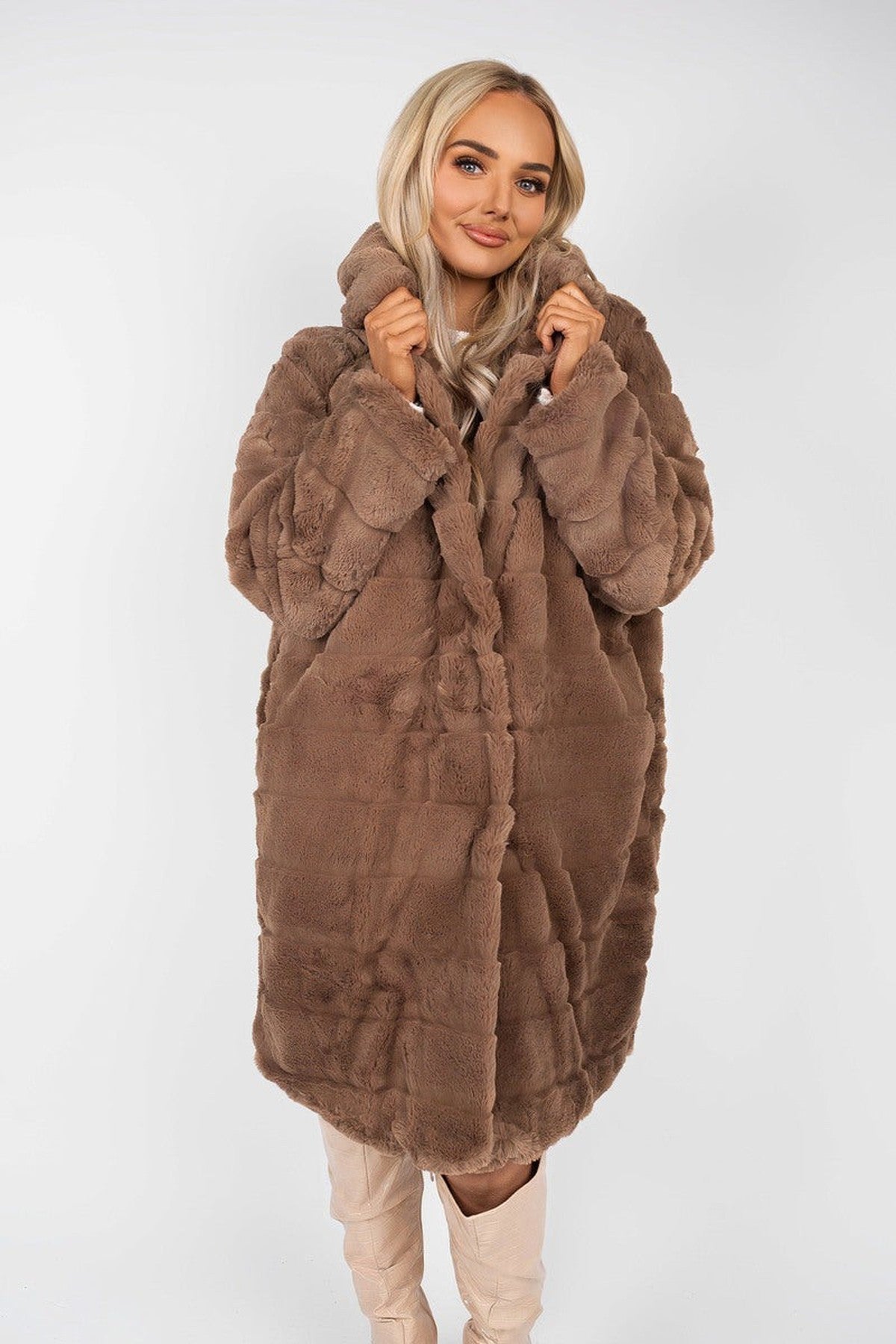 Milara Longline Faux Fur Hooded Coat - Brown