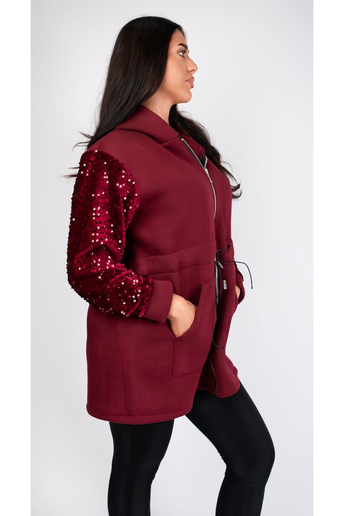 Evalora Zip Up Hoodie With Sequin Sleeve Detail - Wine