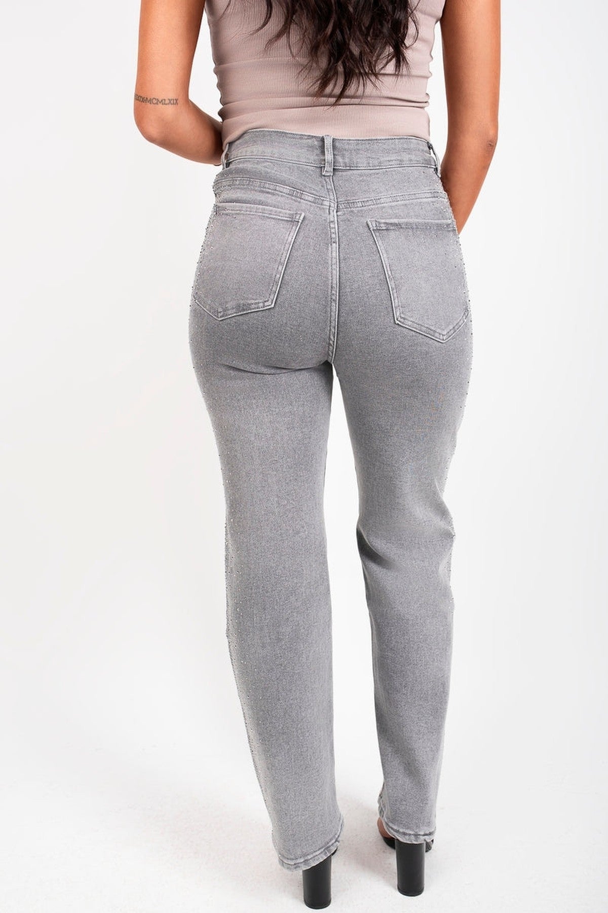 Elyndra High Waisted Sparkle Straight Leg Jeans - Grey