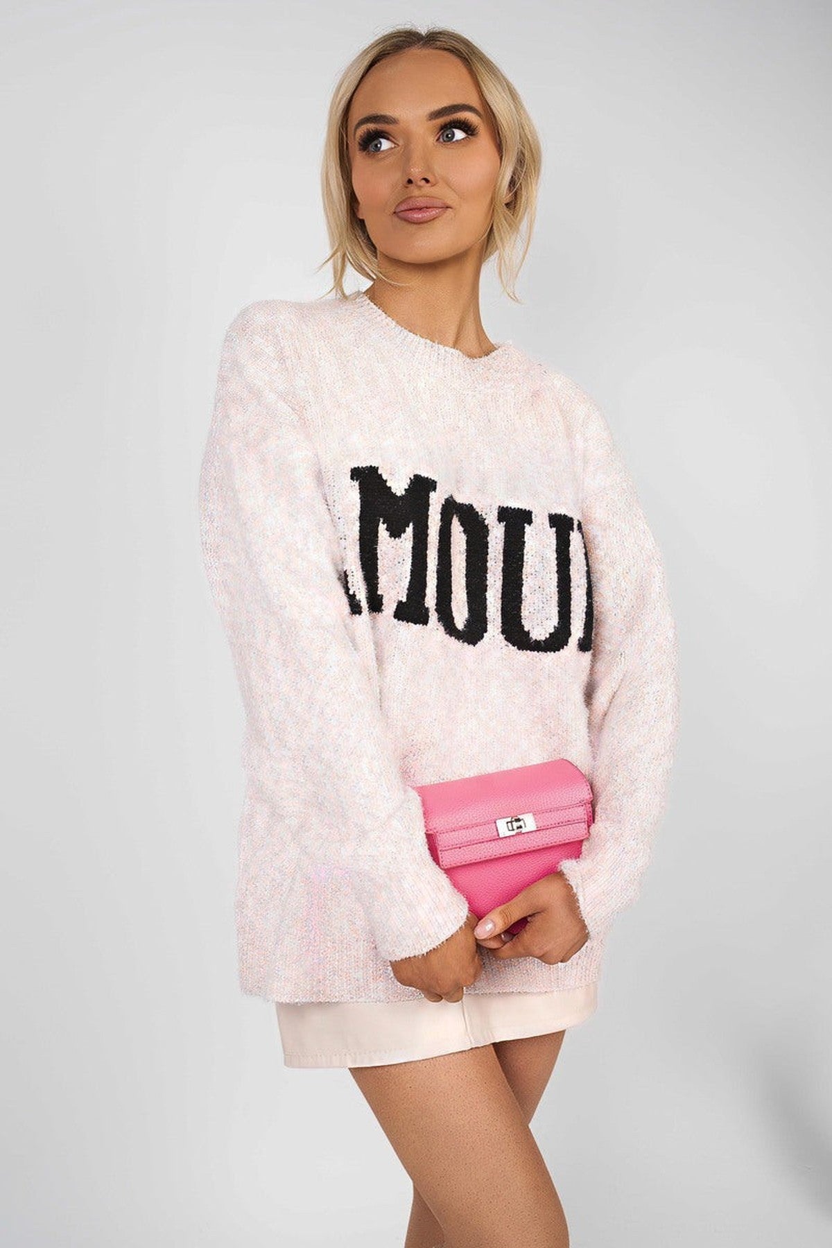 Zenya Fluffy Knit Oversized Jumper With Amour Slogan Detail - Pink