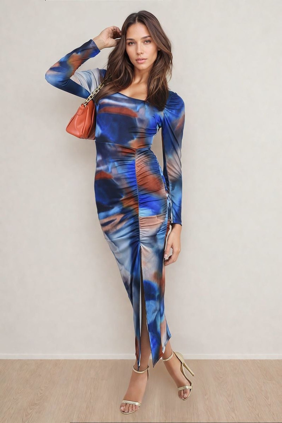 Hana Abstract Printed Long Sleeve Ruched Side Slit Midi Dress - Blue
