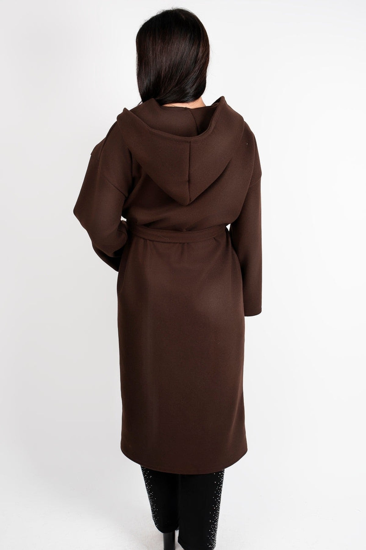Vionna Hooded Longline Belted Wrap Coat - Brown