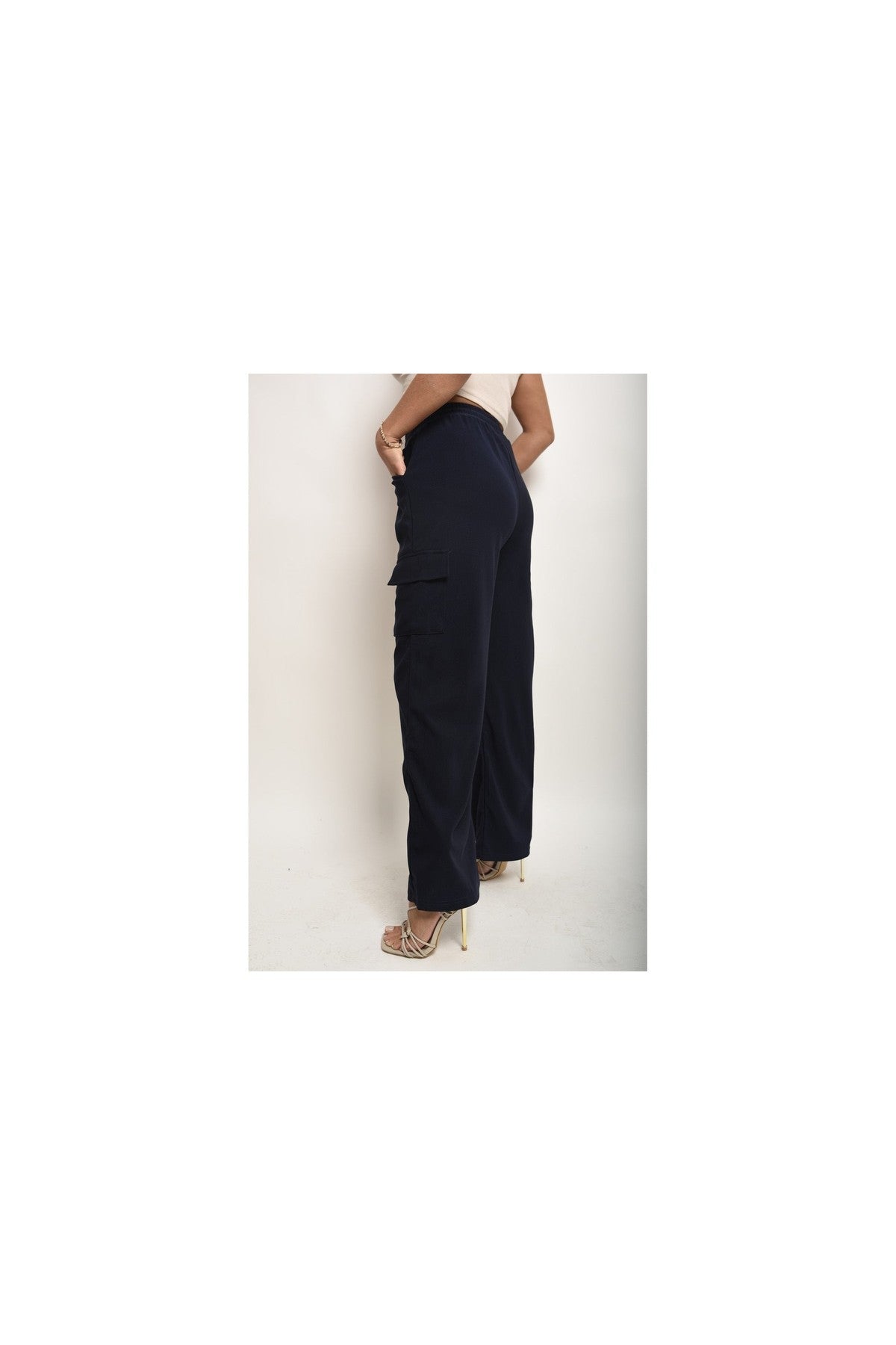 Faye Wide Leg Drawstring Waist Flap Pocket Trouser - Navy
