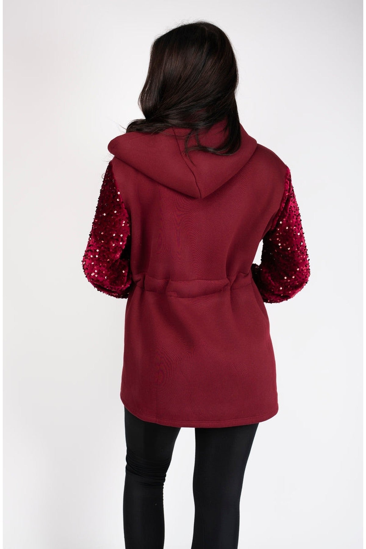 Evalora Zip Up Hoodie With Sequin Sleeve Detail - Wine