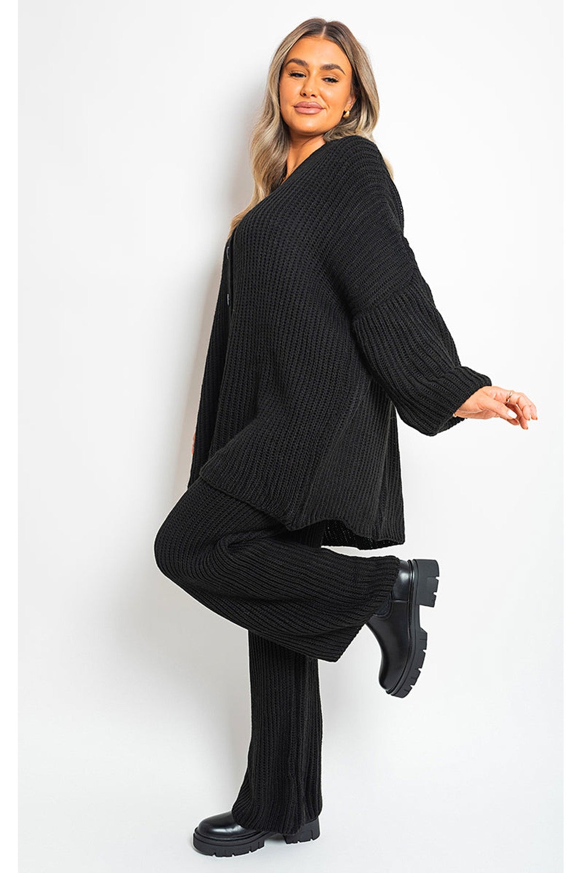 Emma Chunky Knitted Button Up Cardigan Wide Leg Trousers Co-ord Set - Black