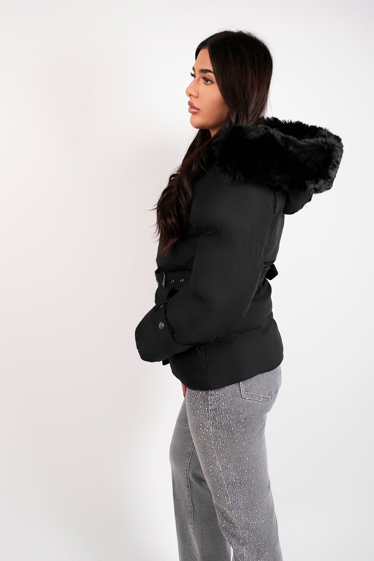 Serelina Belted Puffer Jacket With Faux Fur Hood - Black