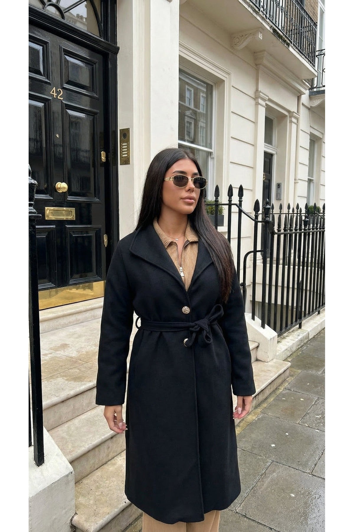 Marelle Belted Longline Coat With Button Detail - Black