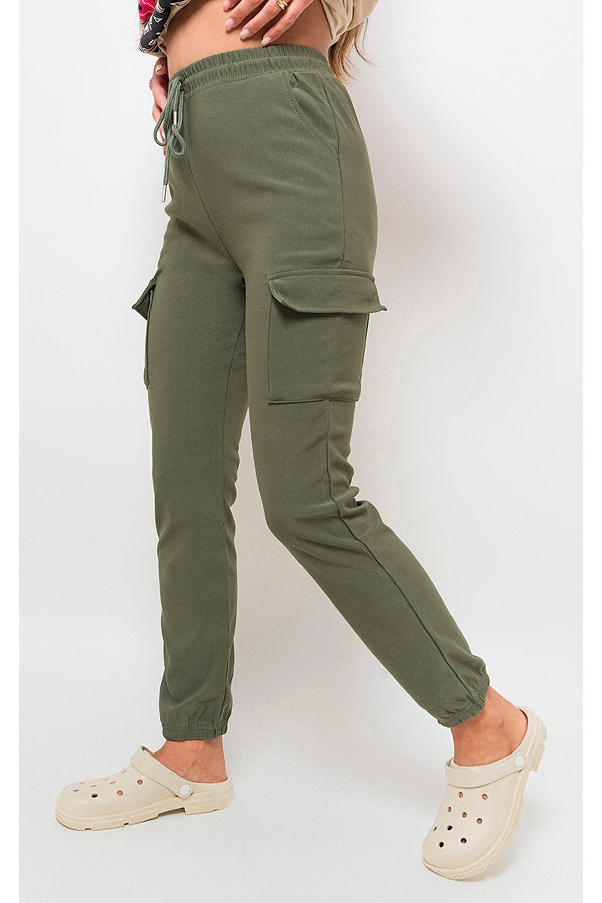Francesca Pocket Side Drawstring Waist Cargo Trouser - Khaki