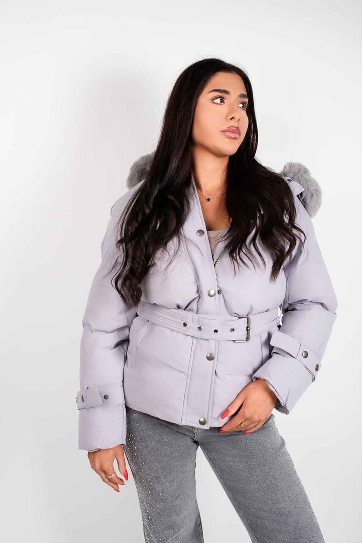 Serelina Belted Puffer Jacket With Faux Fur Hood - Grey