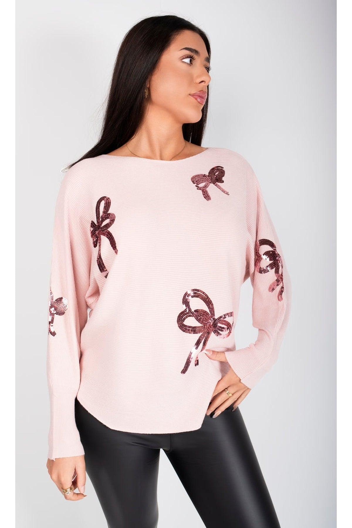Marivelle Knitted Jumper With Sequin Bow Detail - Pink