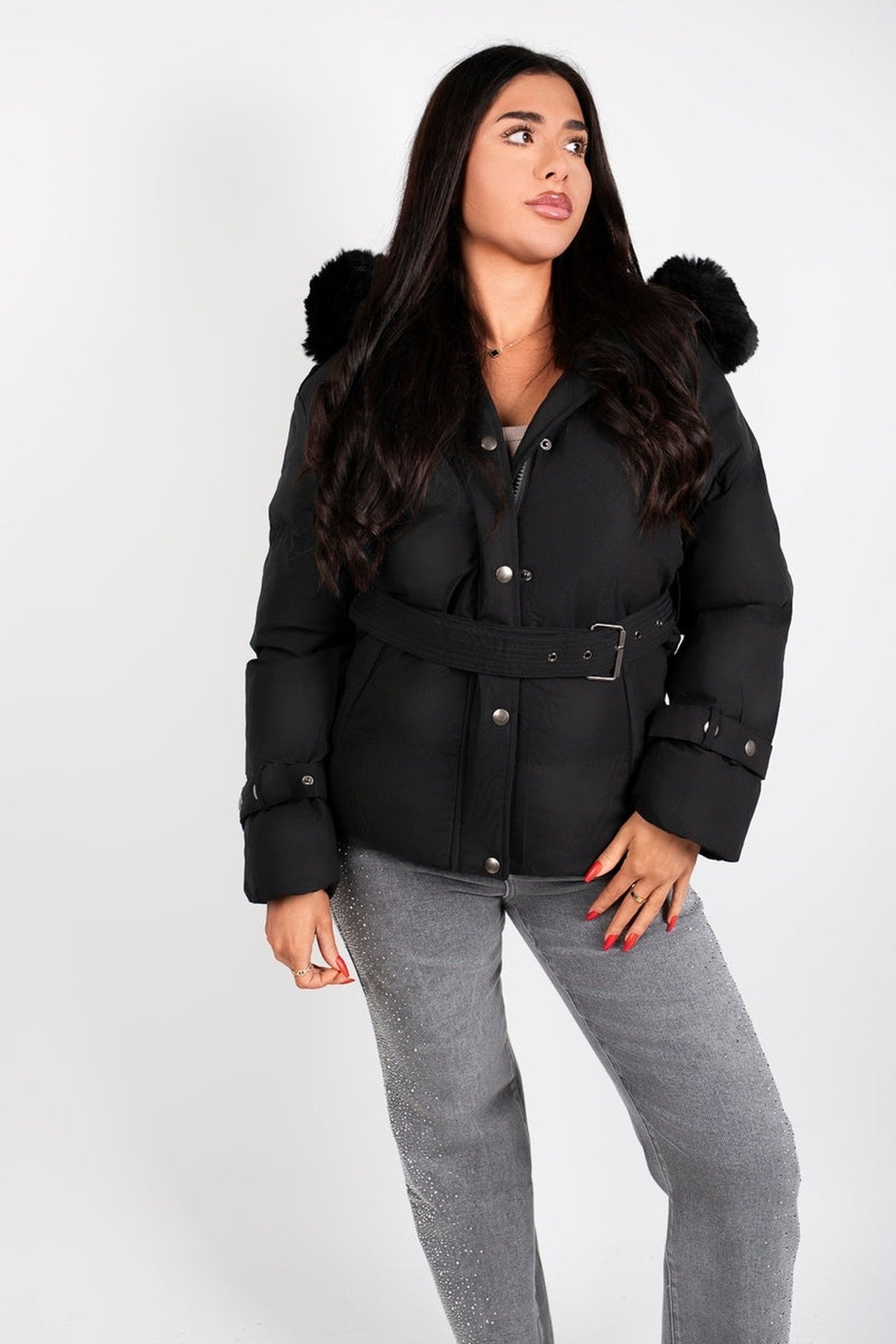 Serelina Belted Puffer Jacket With Faux Fur Hood - Black