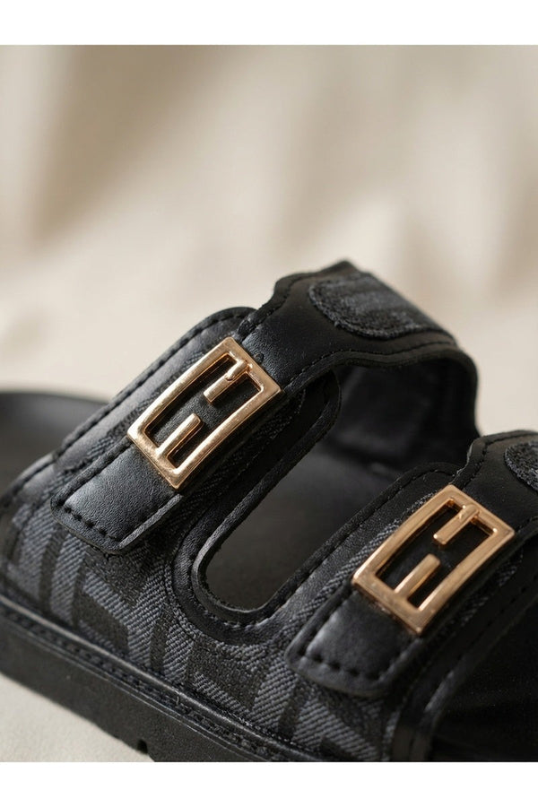 Willow Patterned Buckle Sandals - Black