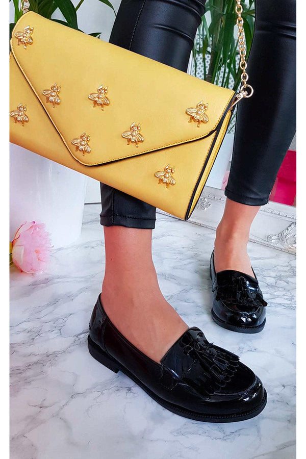 Liana Patent Tassel Brogue Flats - Black