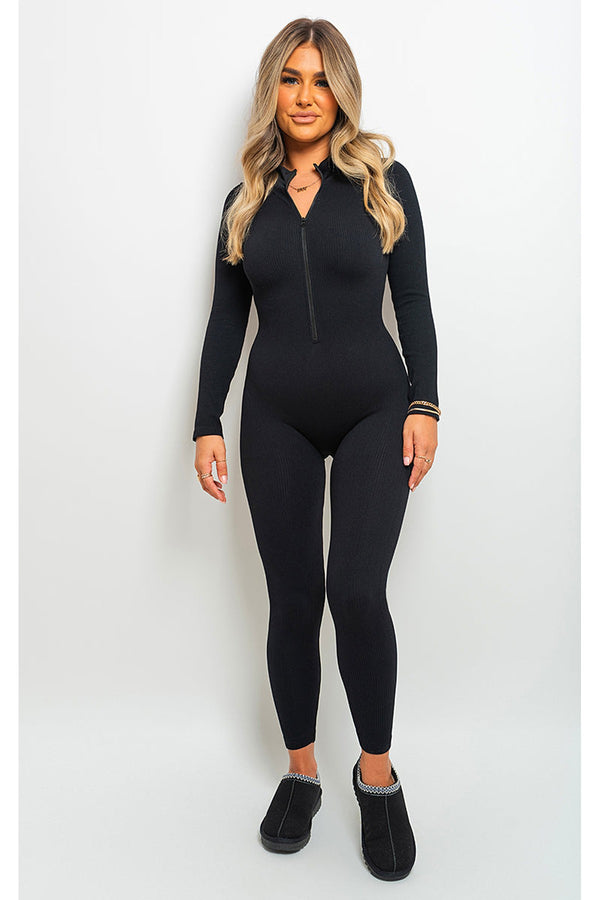 Kathryn Zipper Front Long Sleeve Bodycon Jumpsuit - Black