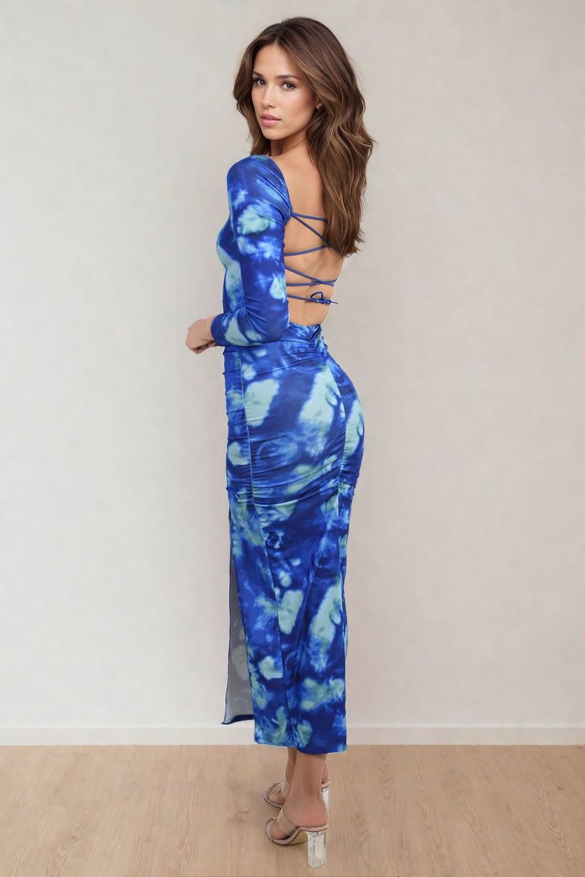 Priscilla Printed Long Sleeve Cross-tied Back Midi Dress - Royal Blue