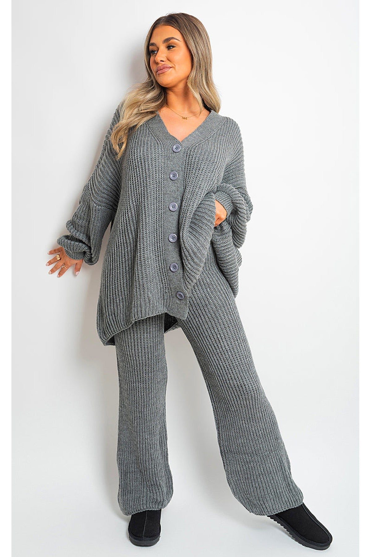 Emma Chunky Knitted Button Up Cardigan Wide Leg Trousers Co-ord Set - Grey