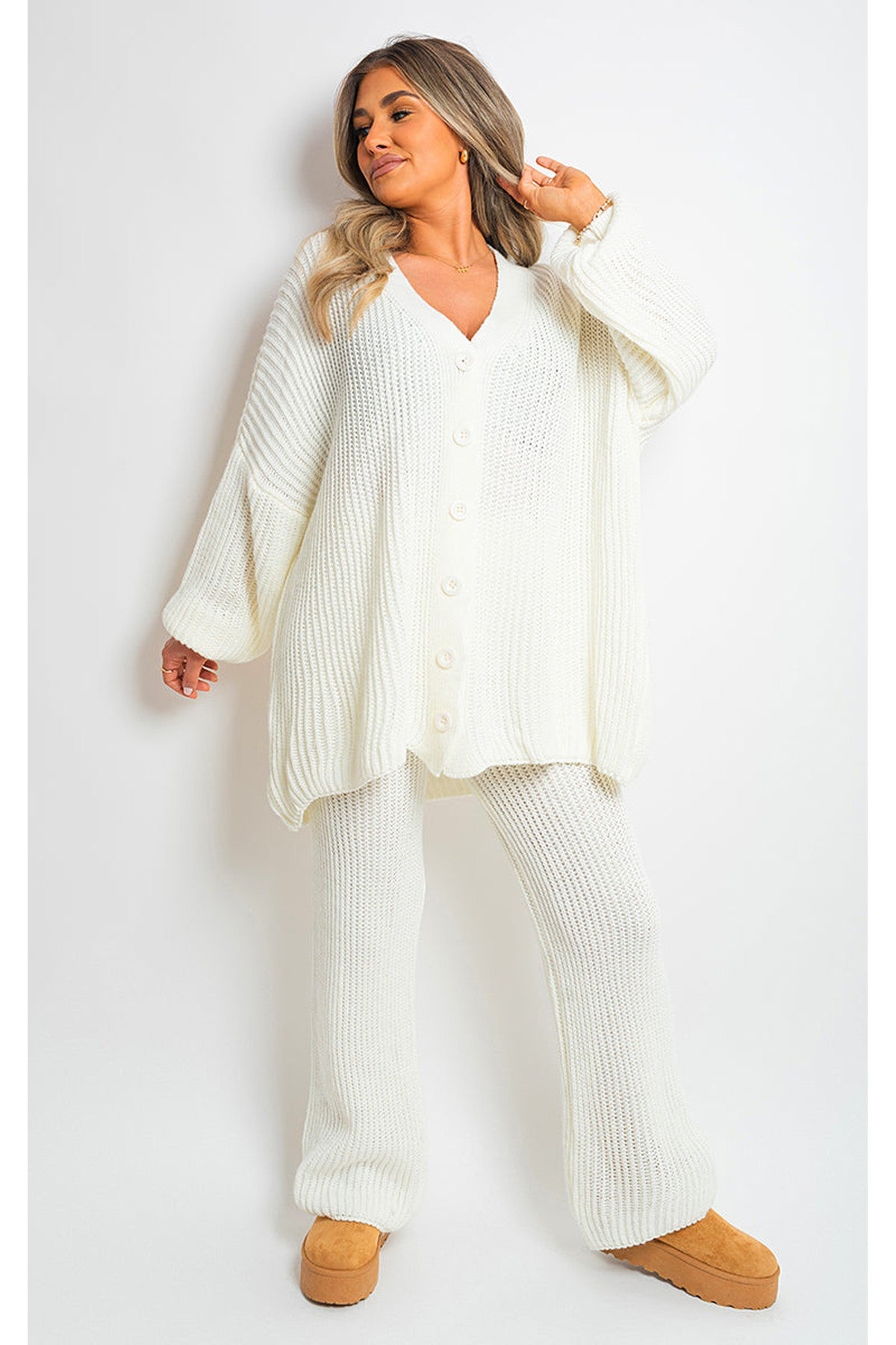 Emma Chunky Knitted Button Up Cardigan Wide Leg Trousers Co-ord Set - Cream