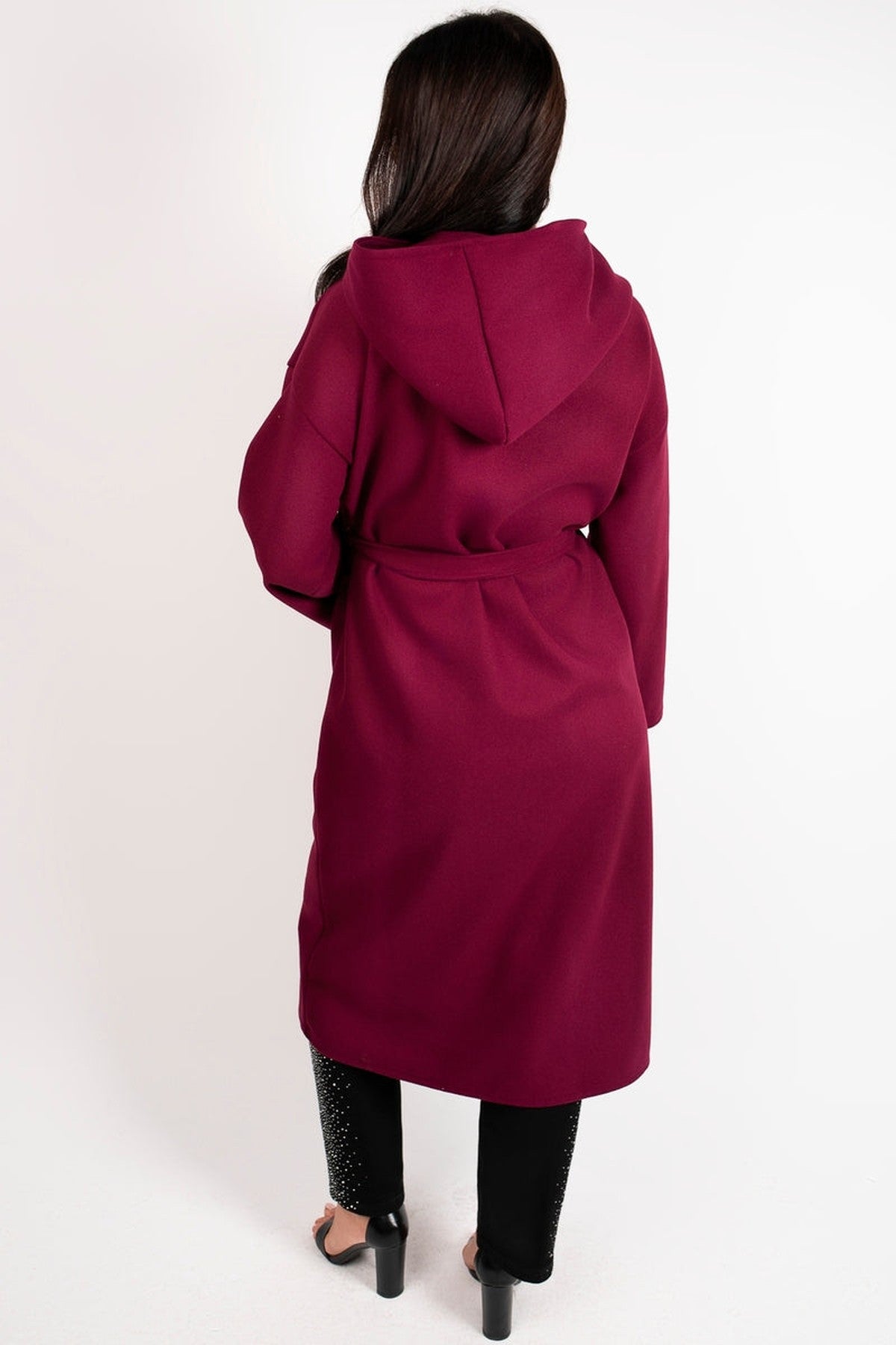 Vionna Hooded Longline Belted Wrap Coat - Wine Glit