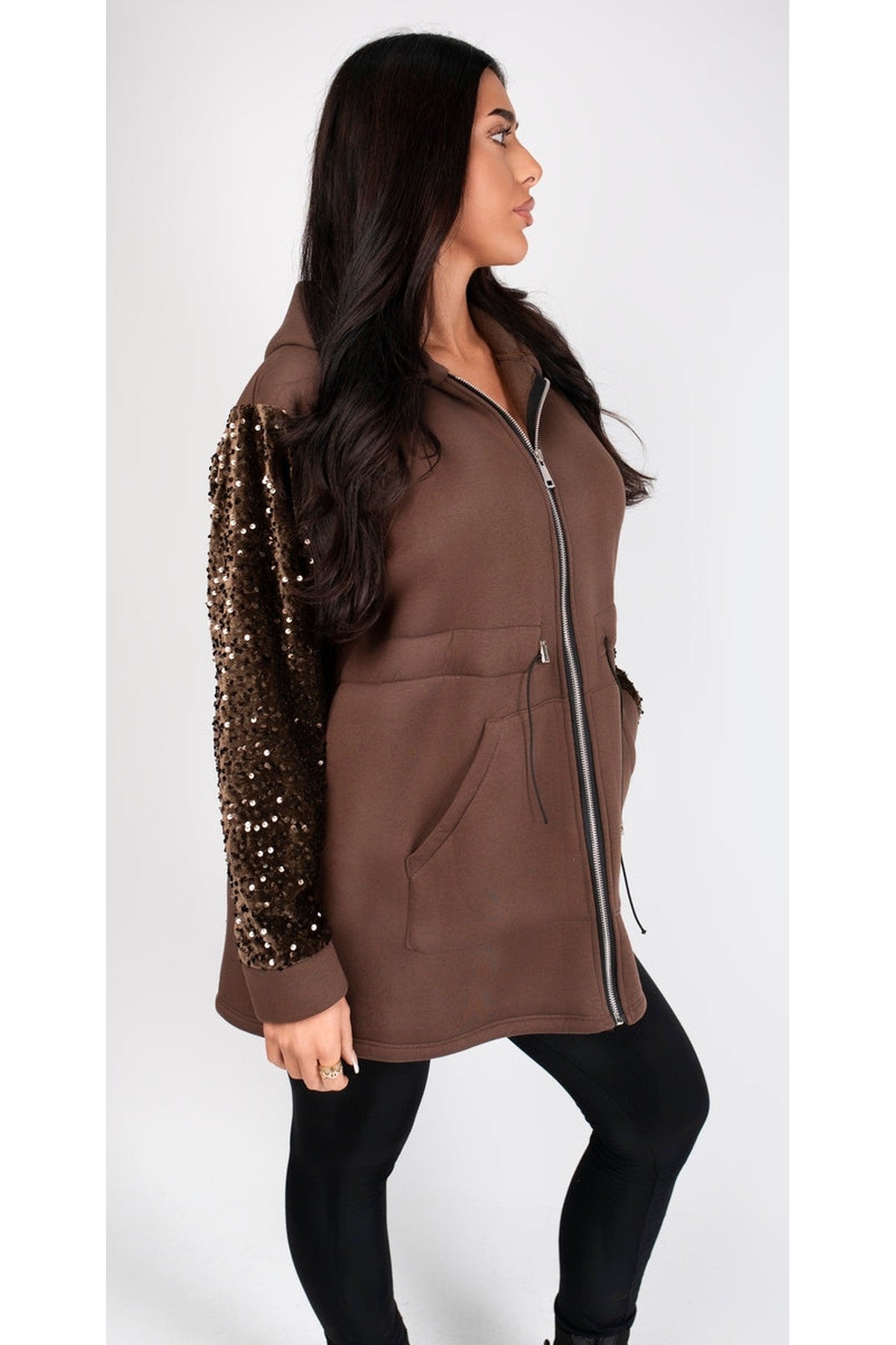 Evalora Zip Up Hoodie With Sequin Sleeve Detail - Brown