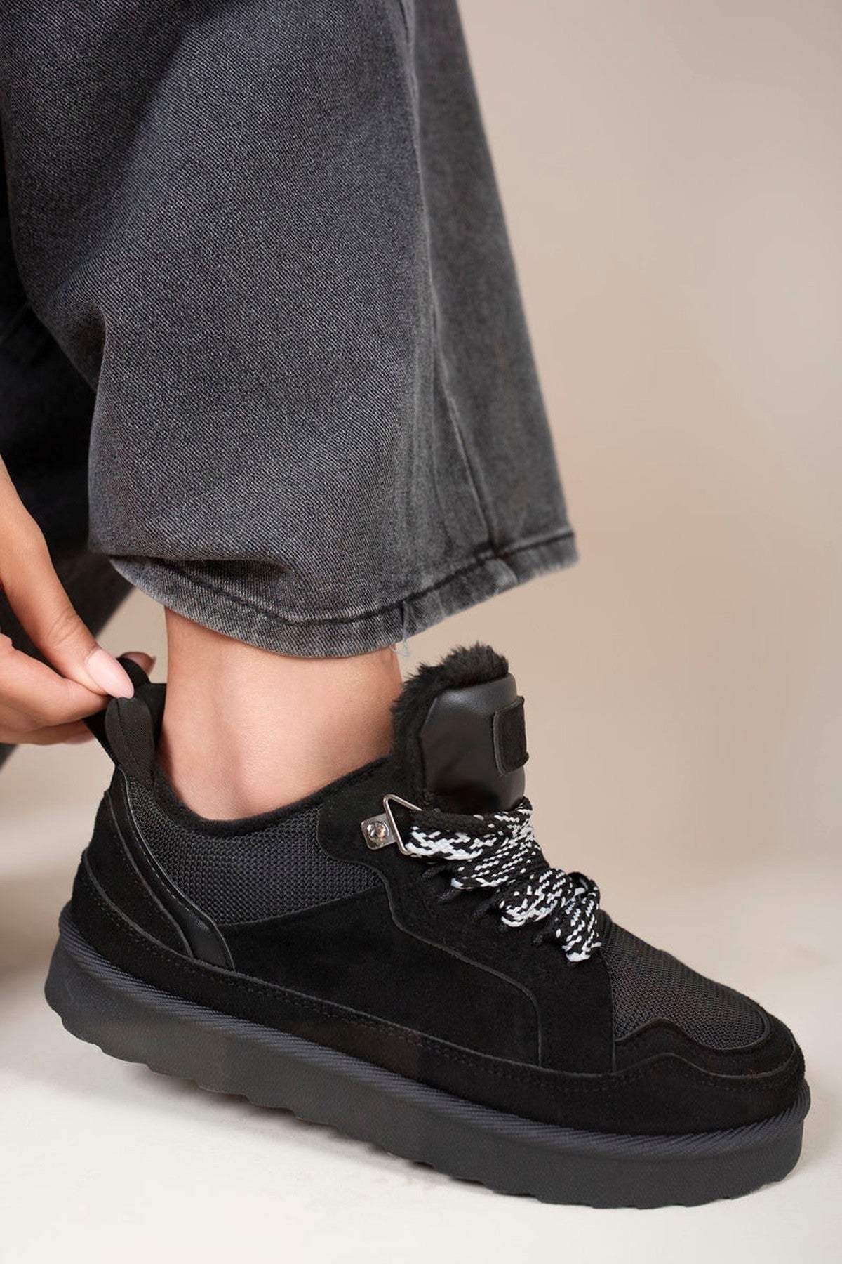 Leiza Chunky Lace Up Faux Fur Trainers - Black