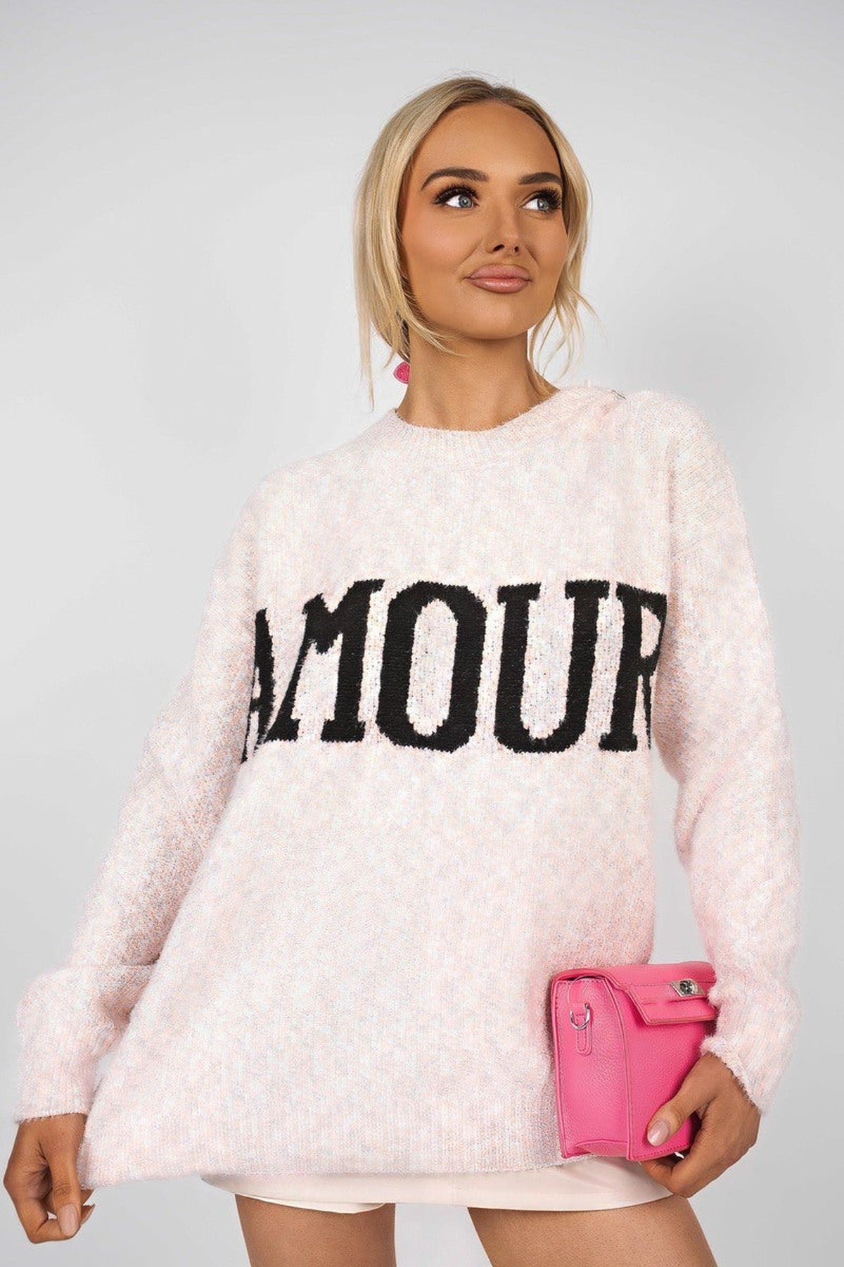 Zenya Fluffy Knit Oversized Jumper With Amour Slogan Detail - Pink