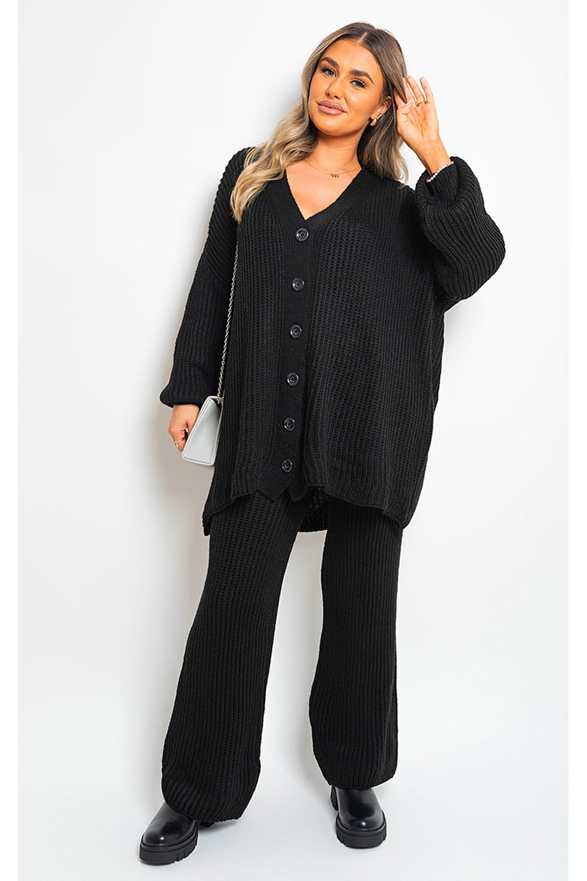 Emma Chunky Knitted Button Up Cardigan Wide Leg Trousers Co-ord Set - Black