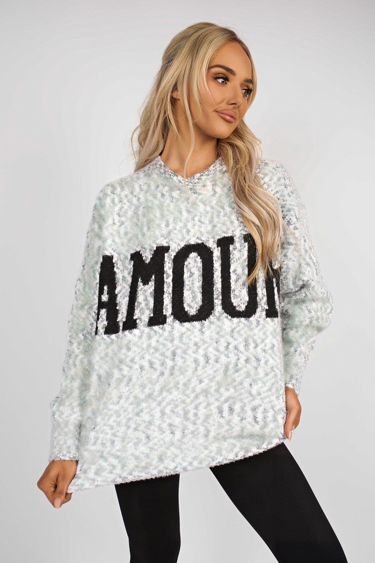 Zenya Fluffy Knit Oversized Jumper With Amour Slogan Detail - Grey