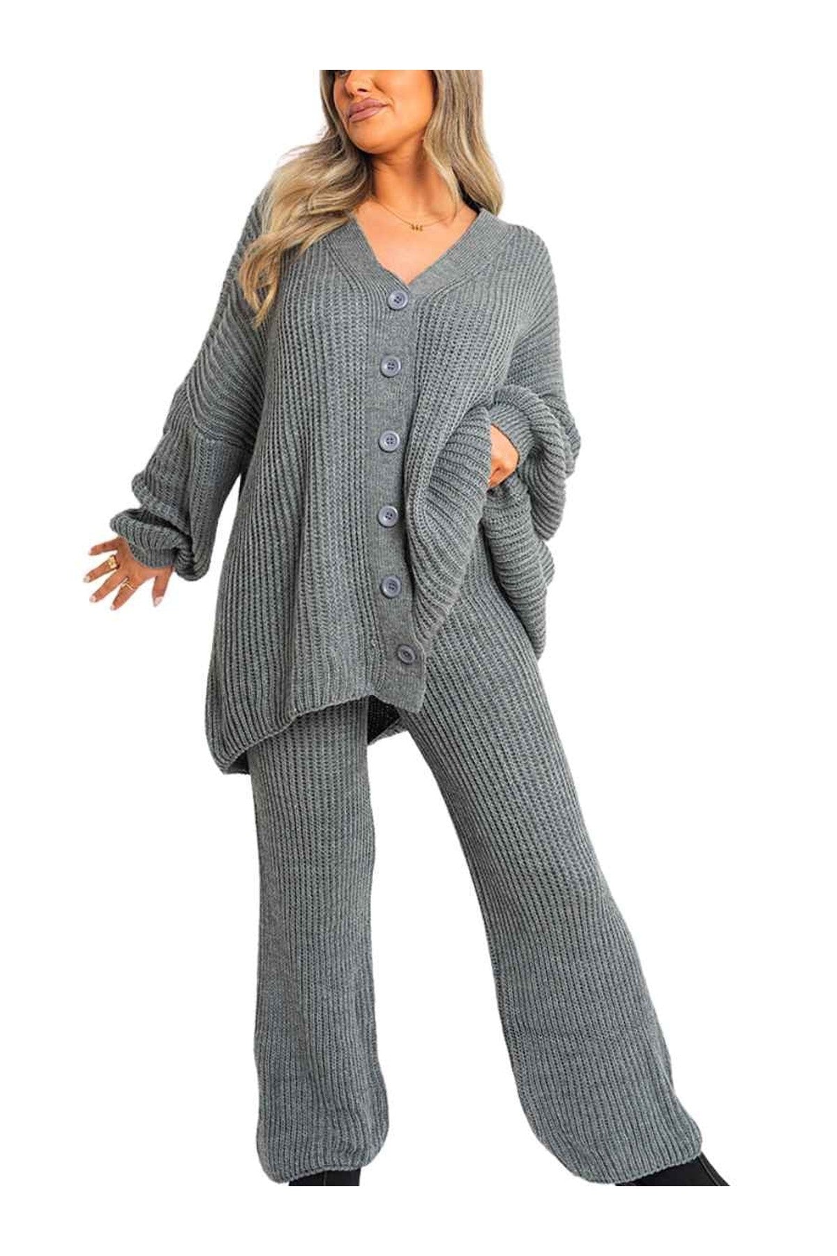 Emma Chunky Knitted Button Up Cardigan Wide Leg Trousers Co-ord Set - Grey