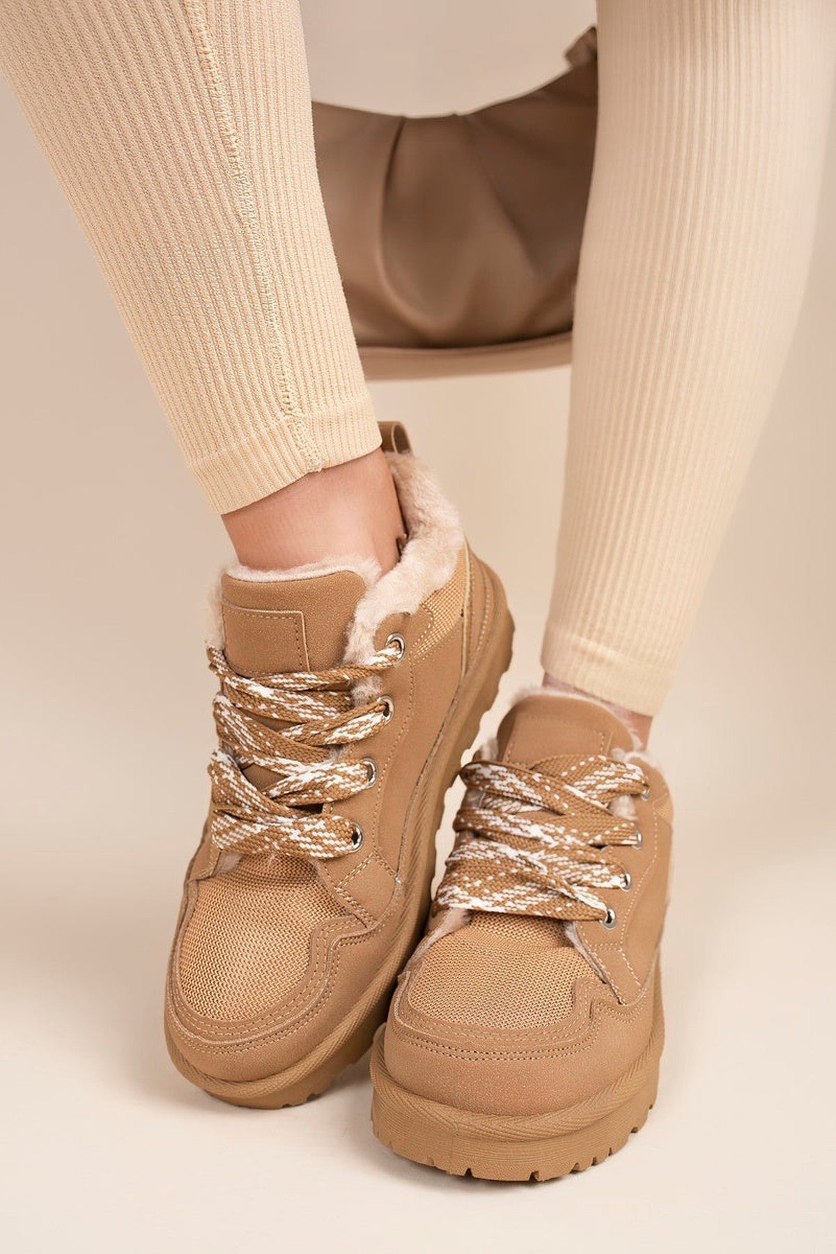 Leiza Chunky Lace Up Faux Fur Trainers - Camel
