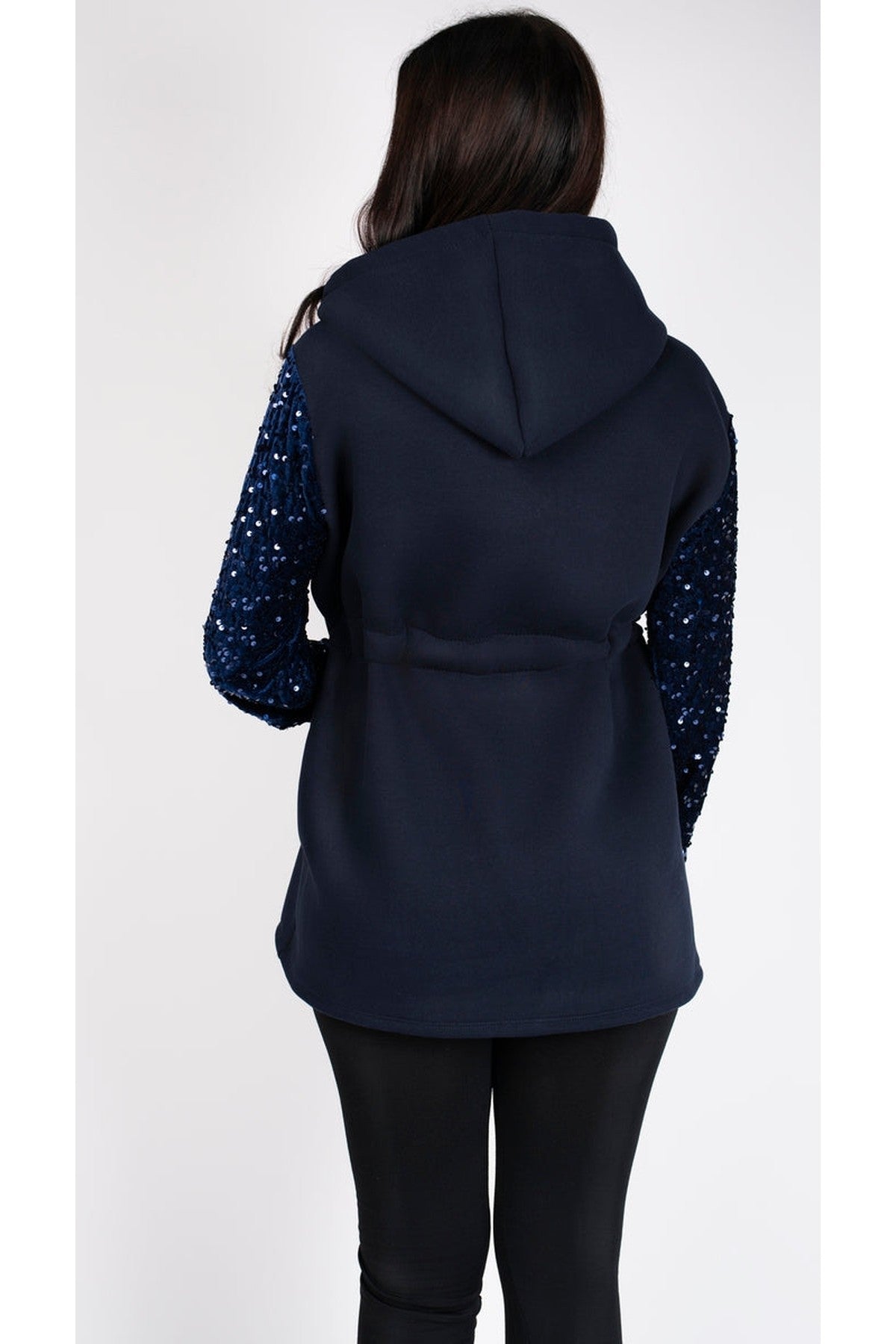 Evalora Zip Up Hoodie With Sequin Sleeve Detail - Navy