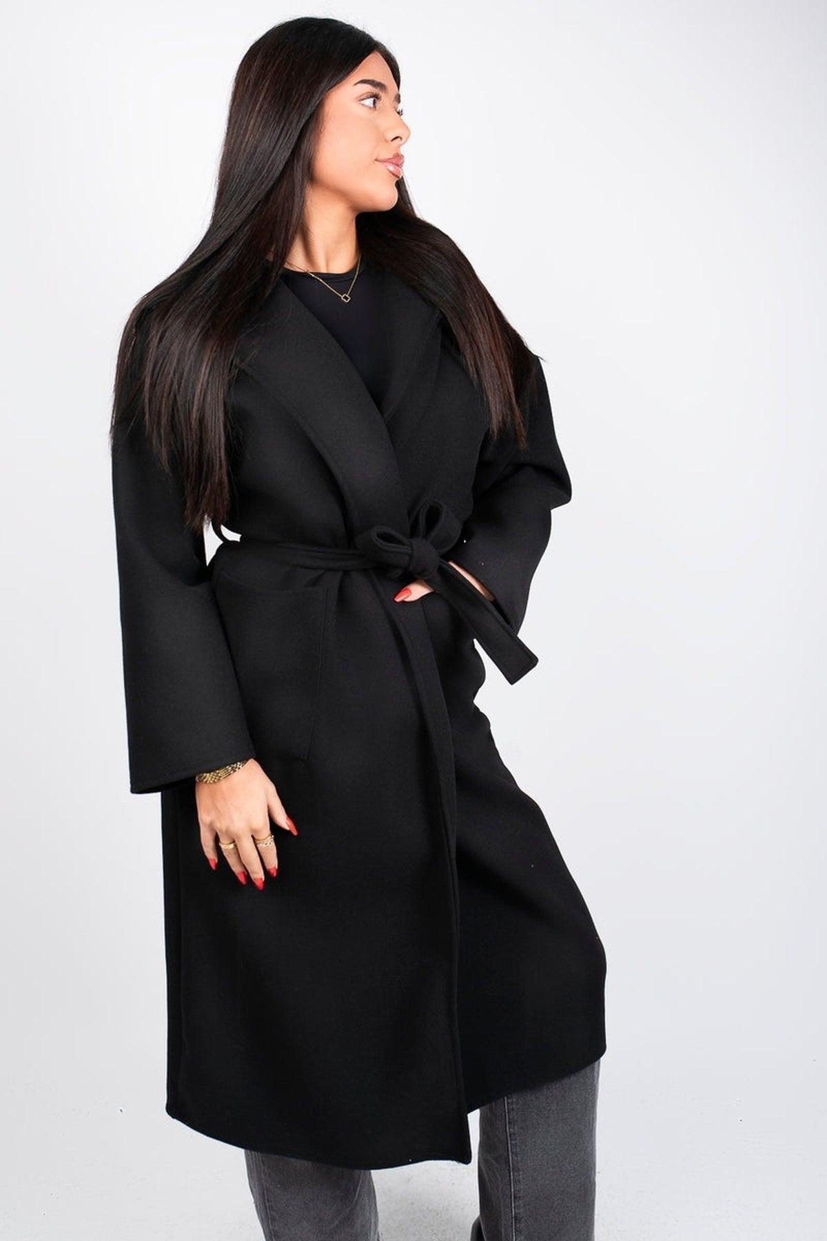 Vionna Hooded Longline Belted Wrap Coat - Black
