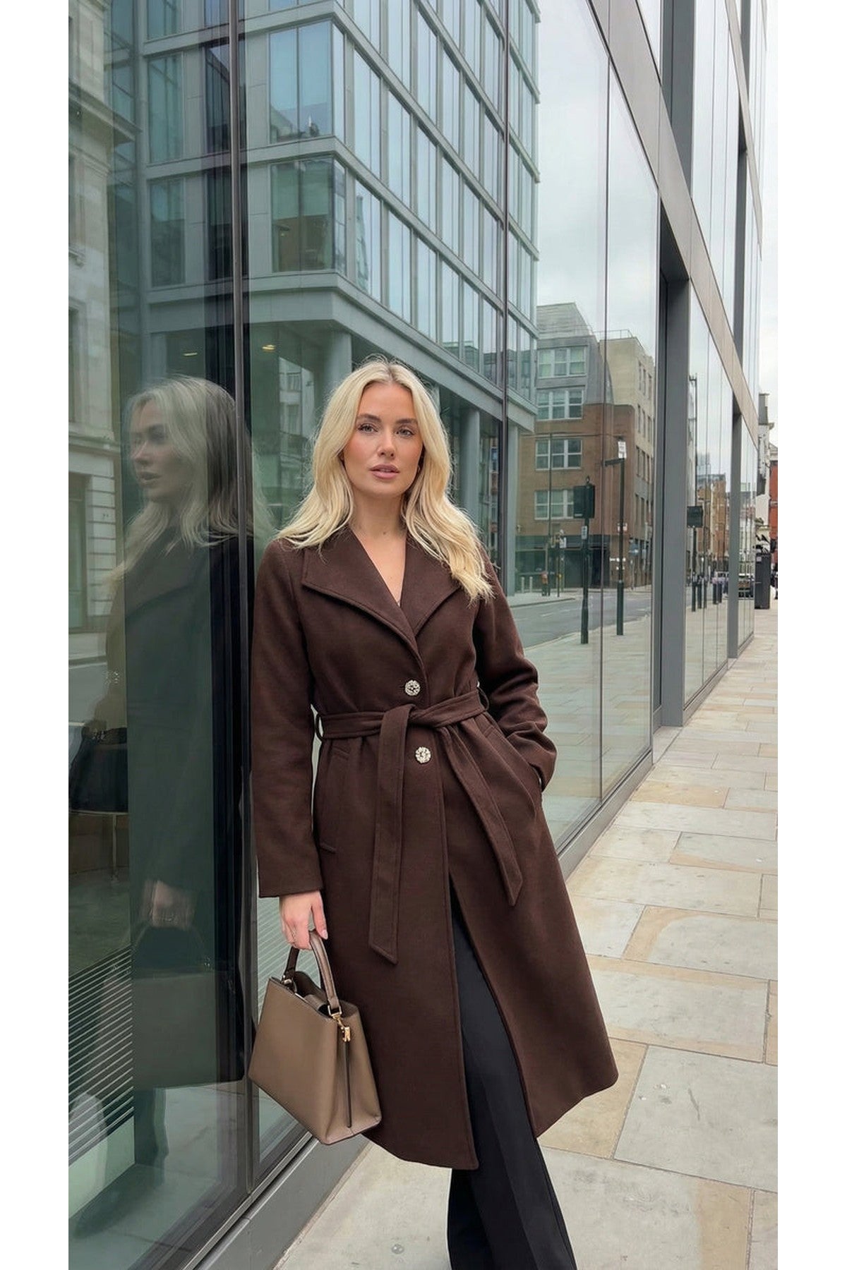 Marelle Belted Longline Coat With Button Detail - Brown