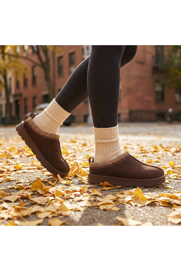 Ravina Chunky Slip On Suede Slippers With Stitch Detail - Brown