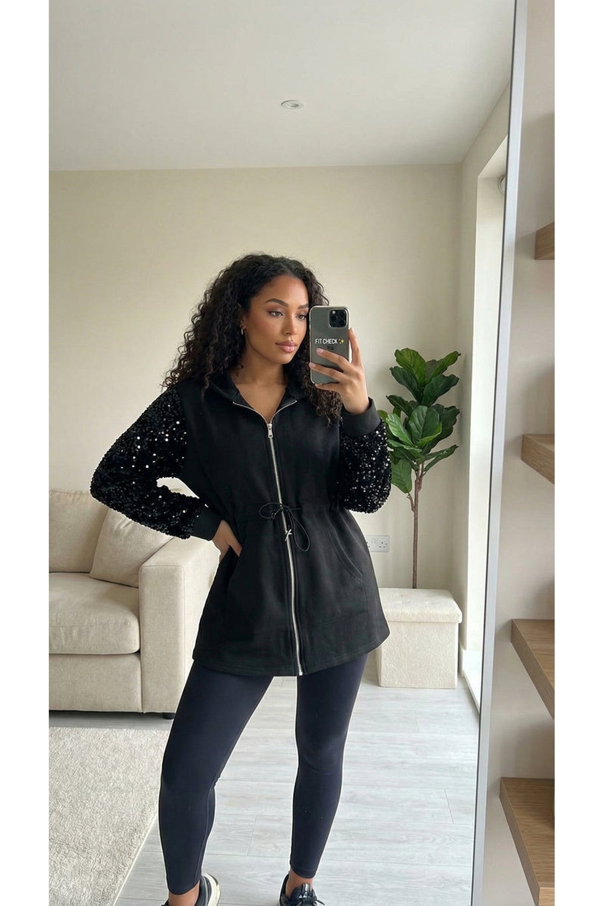 Evalora Zip Up Hoodie With Sequin Sleeve Detail - Black