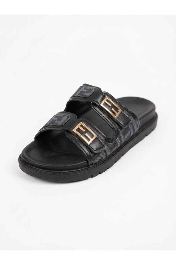 Willow Patterned Buckle Sandals - Black