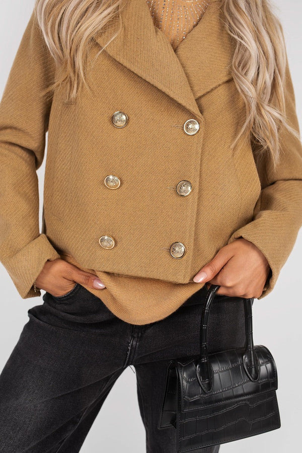 Leona Cropped Double Breasted Jacket With Luxe Button Detail - Camel