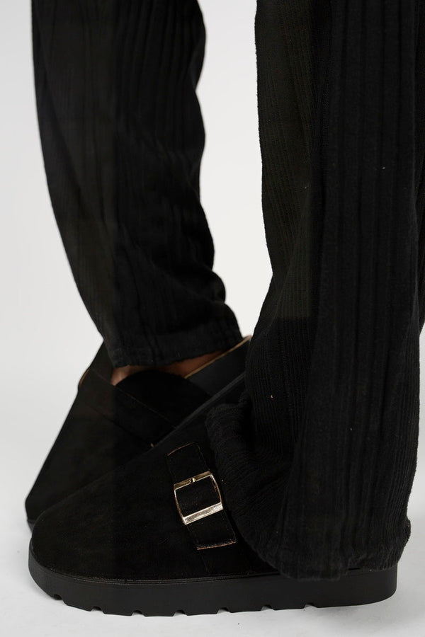 Serelina Chunky Sole Flat Slip-on Buckle Sliders - Black