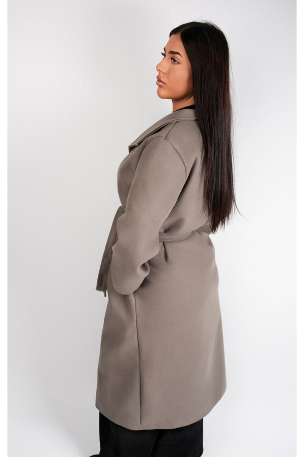 Marelle Belted Longline Coat With Button Detail - Mocha