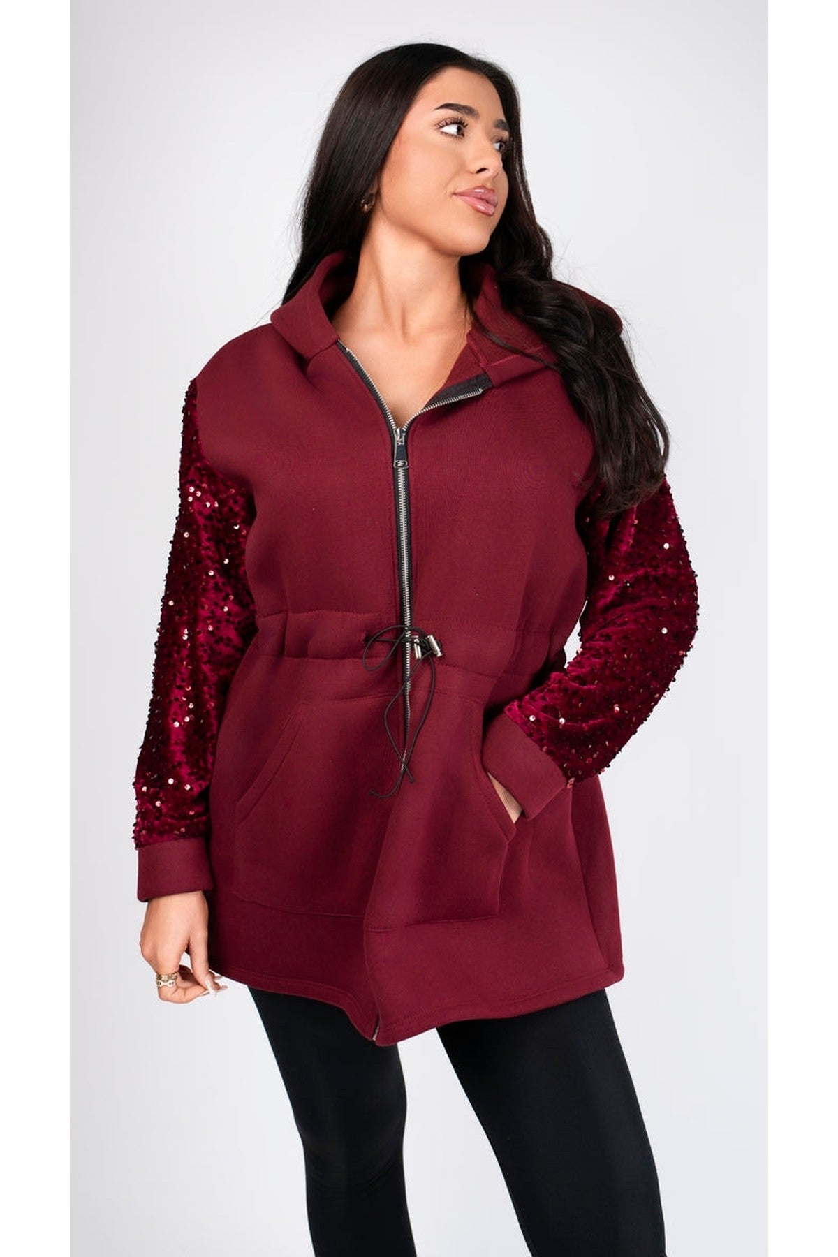 Evalora Zip Up Hoodie With Sequin Sleeve Detail - Wine