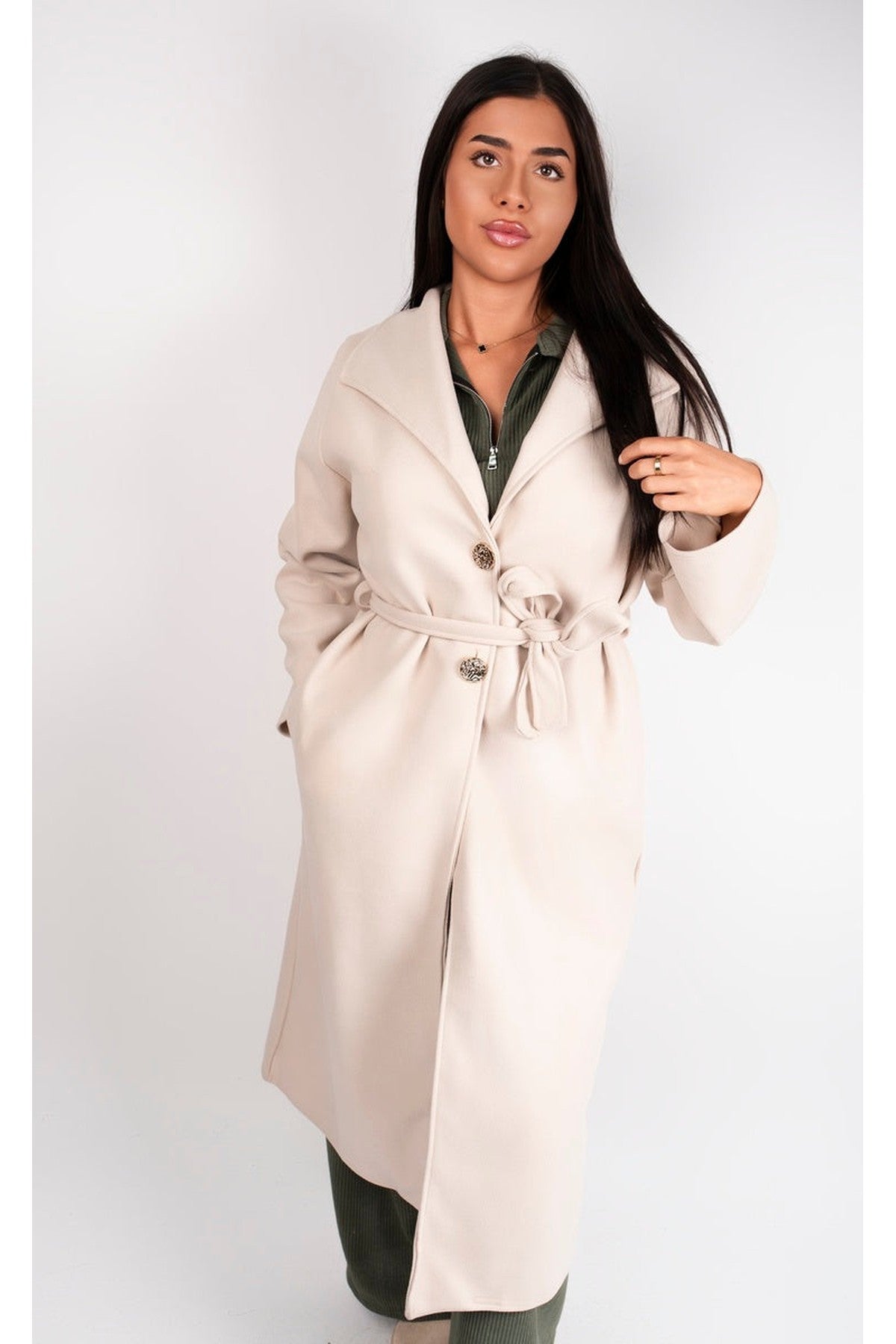 Marelle Belted Longline Coat With Button Detail - Beige