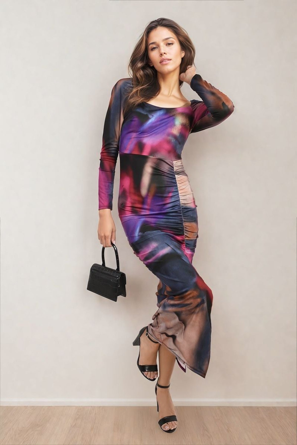 Hana Abstract Printed Long Sleeve Ruched Side Slit Midi Dress - Black