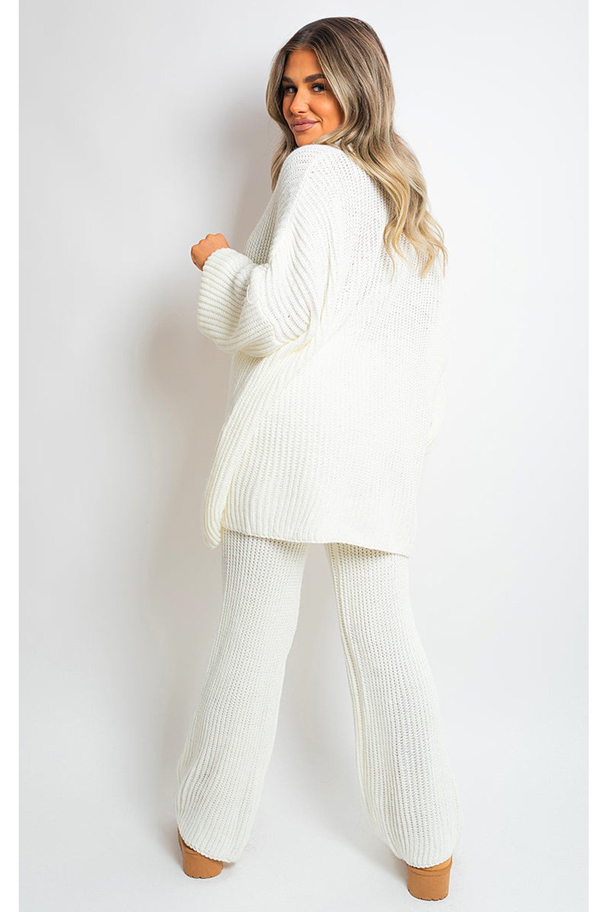 Emma Chunky Knitted Button Up Cardigan Wide Leg Trousers Co-ord Set - Cream