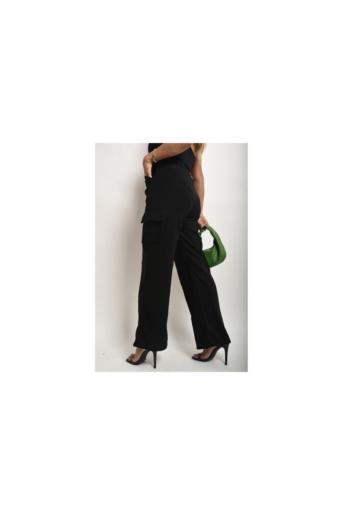 Faye Wide Leg Drawstring Waist Flap Pocket Trouser - Black