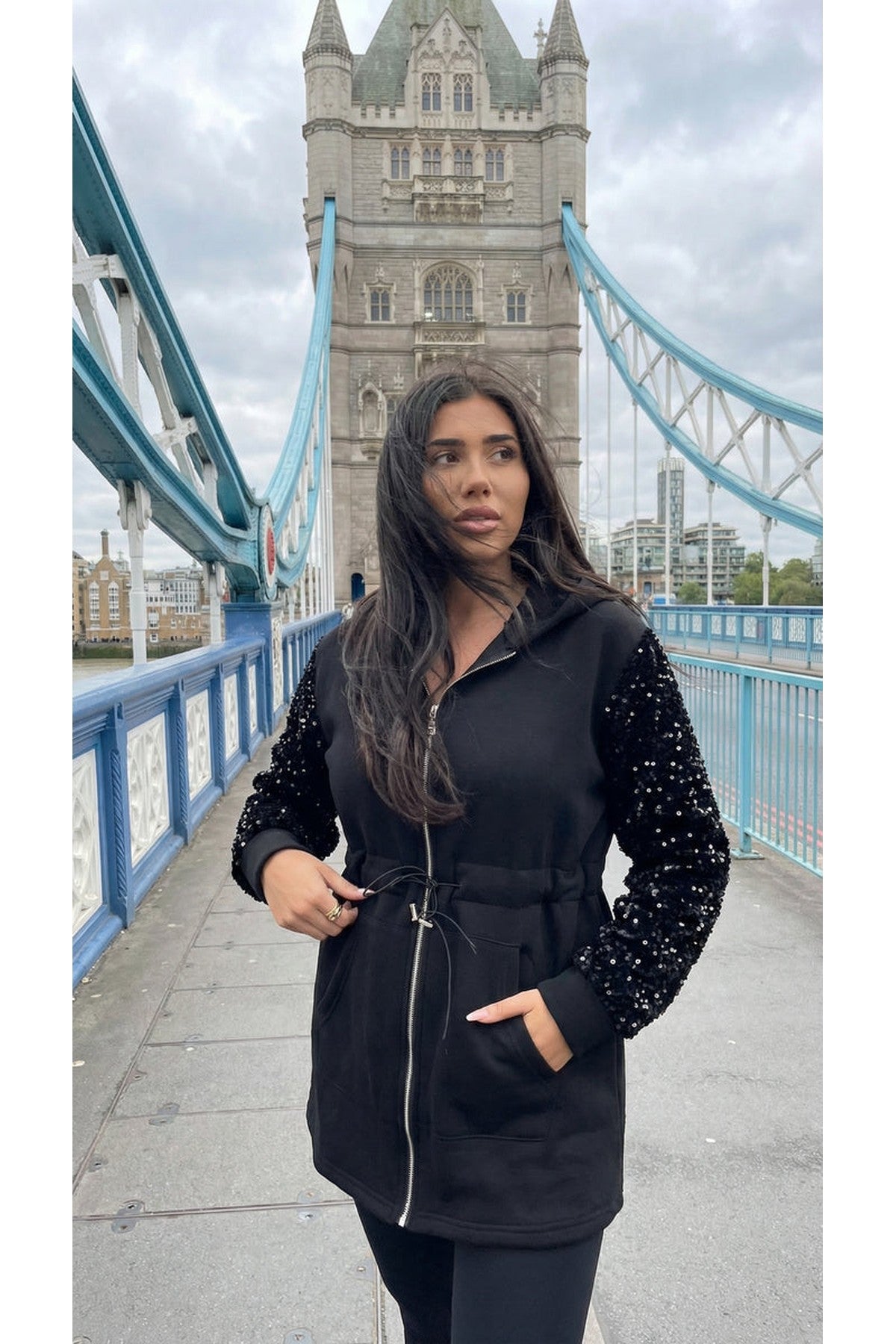 Evalora Zip Up Hoodie With Sequin Sleeve Detail - Black