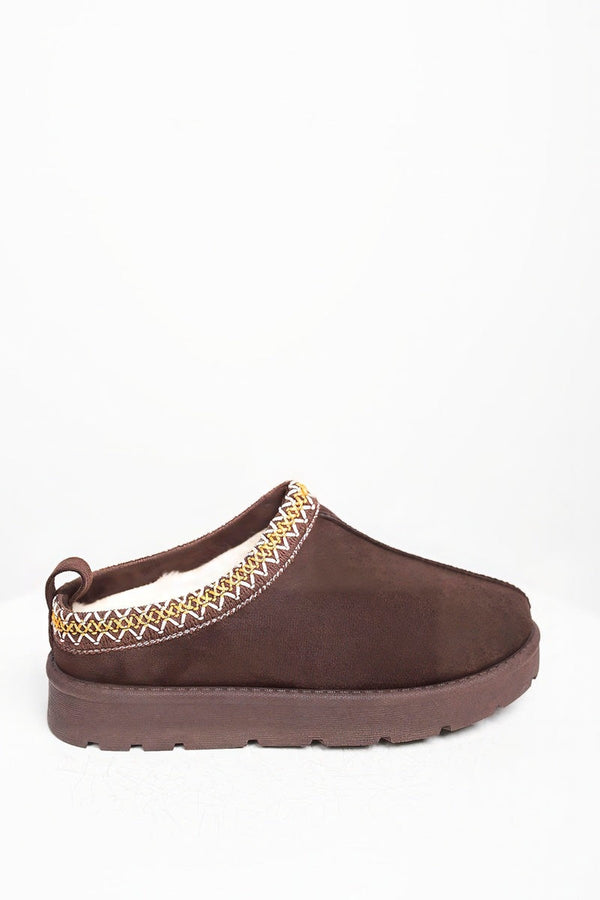 Ravina Chunky Slip On Suede Slippers With Stitch Detail - Brown