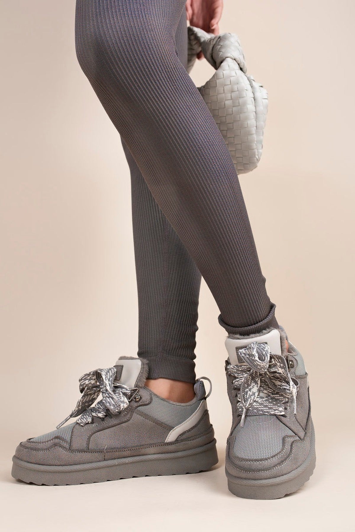 Leiza Chunky Lace Up Faux Fur Trainers - Grey