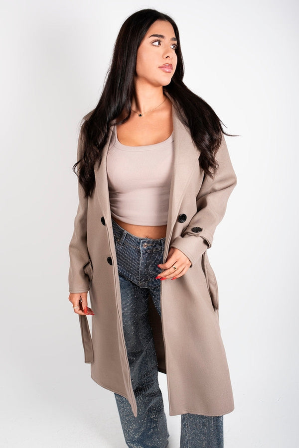 Avlina Double Breasted Belted Longline Coat - Beige