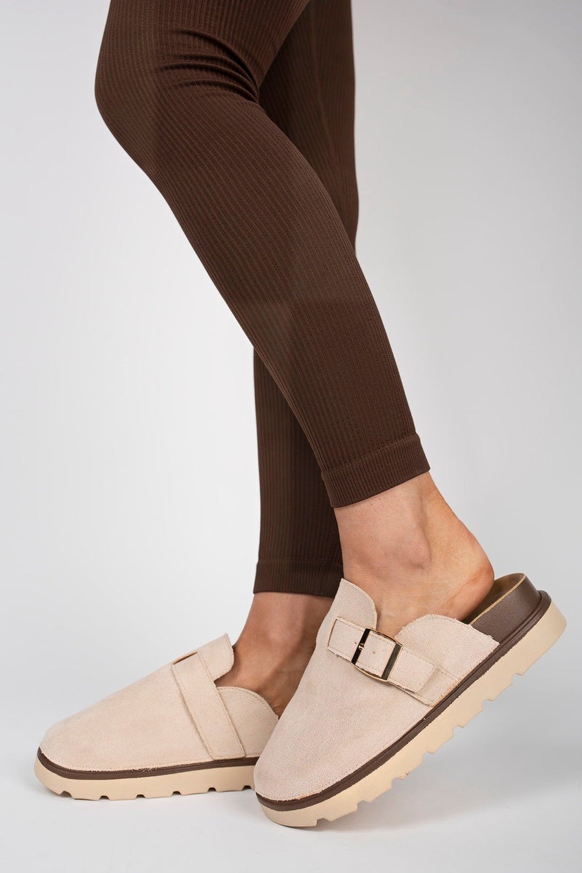Serelina Chunky Sole Flat Slip-on Buckle Sliders - Beige