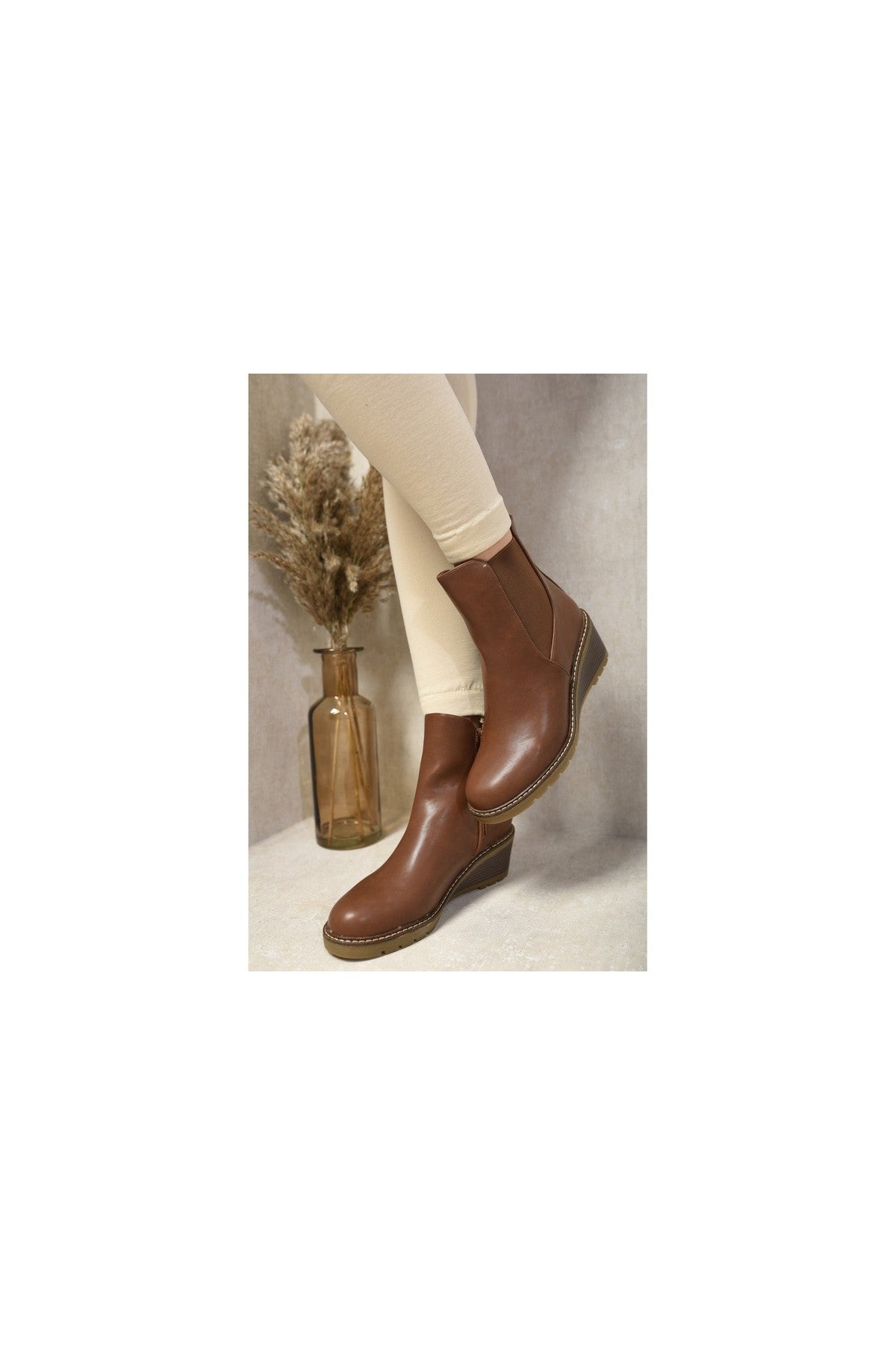 Cecilia Low Wedge Ankle Boots - Camel